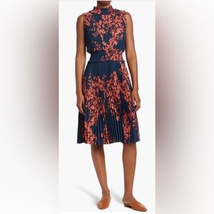 NWT Navy & Coral Floral Pleated Dress. Size 12. Nanette Lapore.